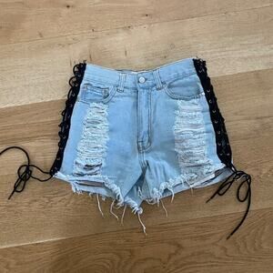 IAMKOKO.LA - Ripped Denim Shorts with Black Lace Up Panels in Lightwash Blue